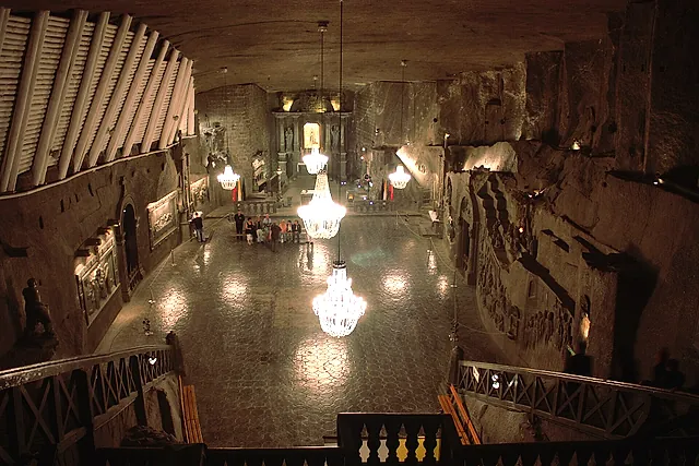 The nave of St Kinga's Chapel seen from the gallery, with salt chandeliers hanging over the floor